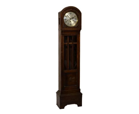 1930's period striking and chiming longcase clock, the silvered dial with Arabic numerals, bevelled glass door, 165cm high  