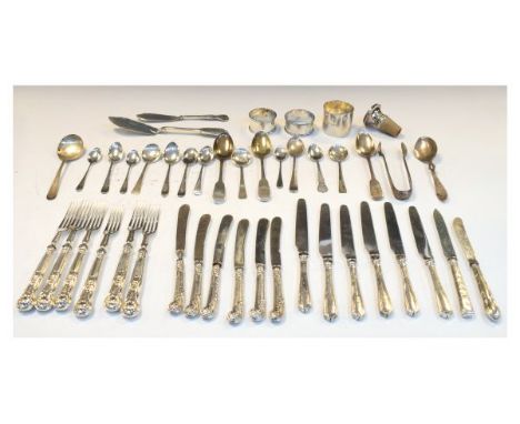 Various silver flatware, together with three silver napkin rings, 15.3toz weighable silver  