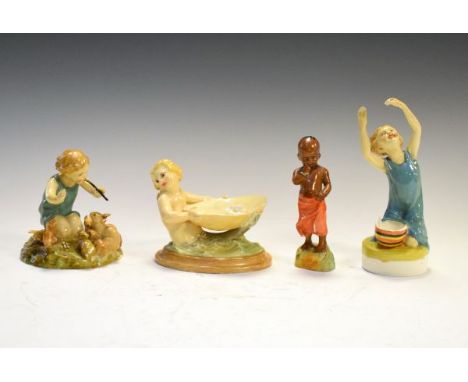 Royal Worcester porcelain salt modelled as a mermaid holding a shell, plus three other figures attributable to Royal Worceste