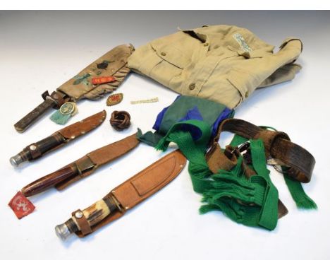 Scouting Interest - Vintage Scout's khaki shirt, assorted knives including one with leather sheaf with bust portrait of Baden