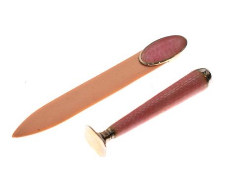 Continental white metal and pink enamel desk set of seal and letter opener with faux ivory blade, the seal vacant, stamped 90