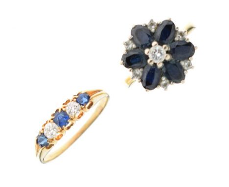 Two diamond and sapphire rings, the first of flowerhead cluster design set six sapphires interspersed with six diamonds and a