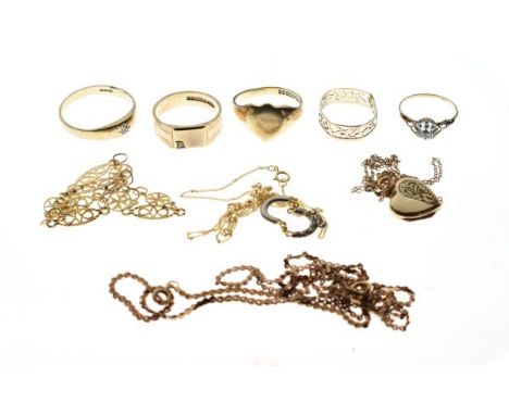 Assorted gold and yellow metal jewellery to include; two 9ct gold signet rings, gent's 9ct gold ring set small diamond, yello