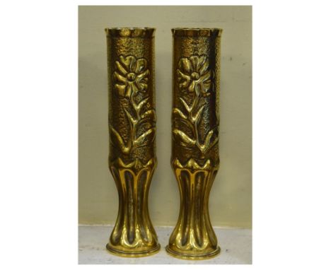 Pair of Great War era brass shell case vases, each 6-pounder shells dated 1917 with Ordnance broad arrow, later decorated wit