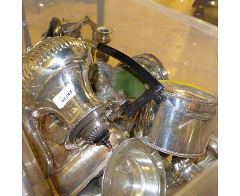 A large collection of silver plate including two entree dishes muffin dish, coffee pot and a candlestick
