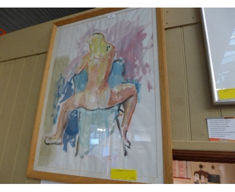 A mixed media portrait of seated nude female monogrammed C.V