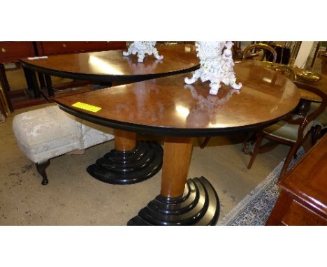 A pair of demi lune Art Deco style console table on ebonised tiered base