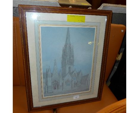 A watercolour pencil sketch of a cathedral framed signed Sagot 68