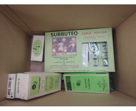 A box of late 20th century Subbuteo teams and accessories including Continental Display edition boxed set, boxed set NN, boxe