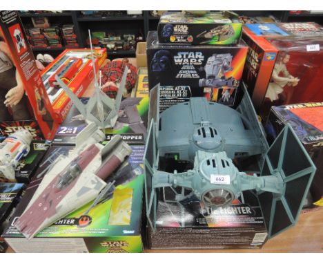 A large selection of Star Wars vehicles with boxes by Kenner including A Wing Fighter, T 16 Sky Hopper, AT ST, Tie Fighter et