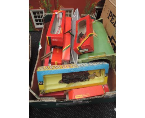 A box of Hornby and Graham Farish 00 gauge including freight set, rolling stock and a 0-6-0 tank engine, most boxed