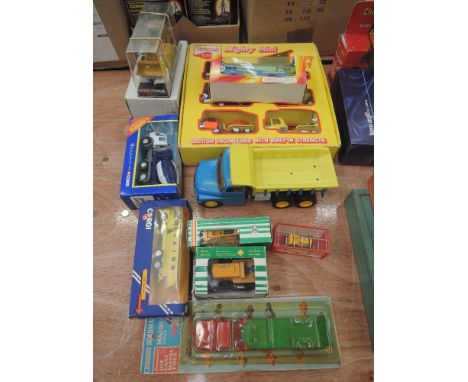 A selection of diecast and tin plate construction vehicles including Lone Star heavy haulage, Tri-ang mighty mini gift set, C