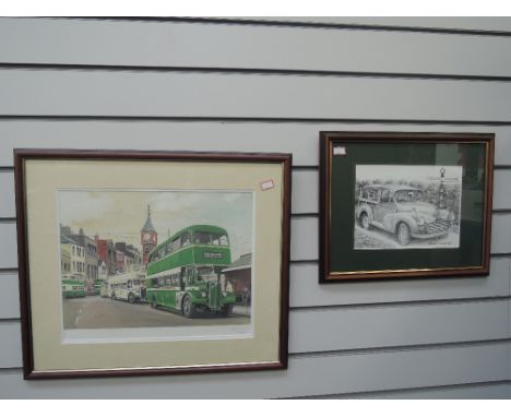 A limited edition print after G S Cooper, Morecambe Buses and a pencil sketch, Morris Traveller, bearing signature