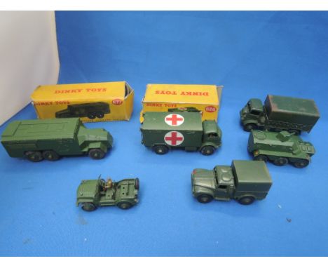 Six Dinky diecast military vehicles, Armoured Command, boxed 677, Military Ambulance, boxed 626, Army Wagon, Austin Champ, Ar