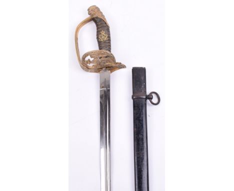 Imperial German Prussian Model 1889 Infantry Officers Sword, with folding brass guard having Imperial German eagle to the cen
