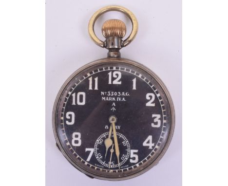 WW2 Swiss Made 8 Day British Military Issue Pocket Watch, black dial with luminous hands and subsidiary seconds dial. Face ma