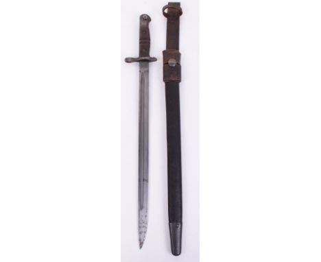 British P13 Bayonet, being a Home Guard issue example with leather frog, housed in the original leather scabbard with metal f
