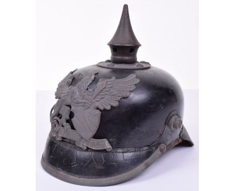 Imperial German Baden M15 Pickelhaube, black leather skull with grey metal Baden state helmet plate to the centre, grey metal
