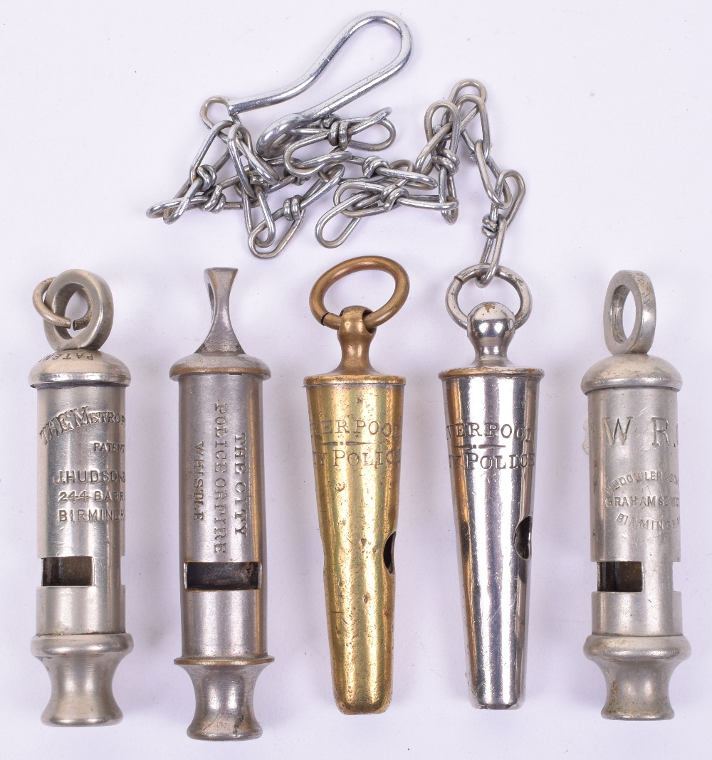 5x British Police Force Whistles, consisting of early brass whistle