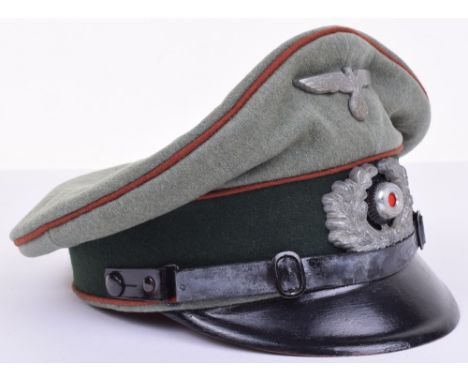 Rare WW2 German Army Motor Reconnaissance NCO’s Peaked Service Cap, being an issue peaked cap with copper brown piping to the