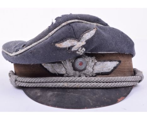 Luftwaffe Officers Peaked Cap Attributed to Kampfgeschwader 51, blue grey body with black mohair band and silver piped crown 