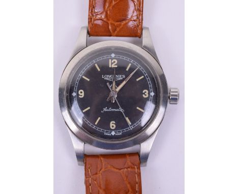 British Army Issue Longines Automatic Wristwatch, stamped to the reverse of the case W.W.W broad arrow stamp and 3513708. Bla