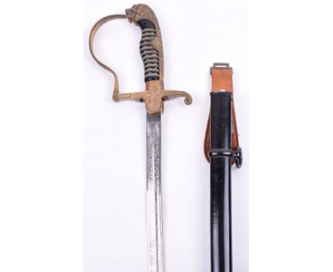 WW2 German Engraved Blade Army Officers Sword, gilt metal eagle and swastika cross guard langet, knuckle guard with oakleaves