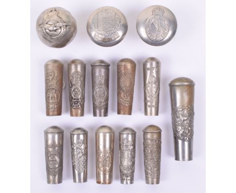 Quantity of Swagger Stick Tops, being mostly thimble top types. Having regimental badges, OTC and other organisations insigni