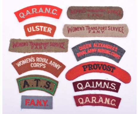 Selection of WW2 Women’s Organisations Cloth Shoulder Titles, of various organisations including Womens Transport Service FAN