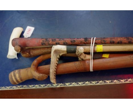 A collection of sticks and canes,&nbsp;to include a bamboo cane; two antler handled riding crops; and an ivory handled malacc