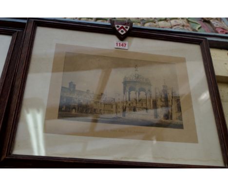 Hanslip Fletcher,&nbsp;two pencil signed engravings of 'Trinity College Cambridge', the oak frames with enamel college crest.