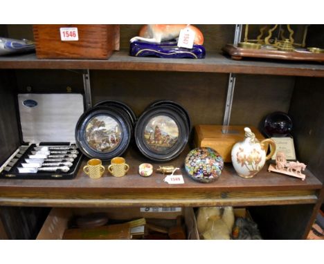 A mixed lot,&nbsp;to include: a Caithness paperweight; another millefiori paperweight; a Royal Worcester jug; four pot lids; 