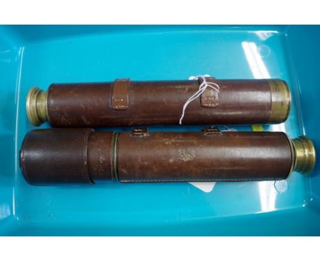Two brass and leather three drawer telescopes,&nbsp;by Broadhurst Clarkson &amp; Co, largest 81.5cm extended. 