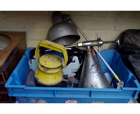 A mixed lot, to include a BR lantern; another railway lamp; a Redex 'One Shot' additive can, etc. 