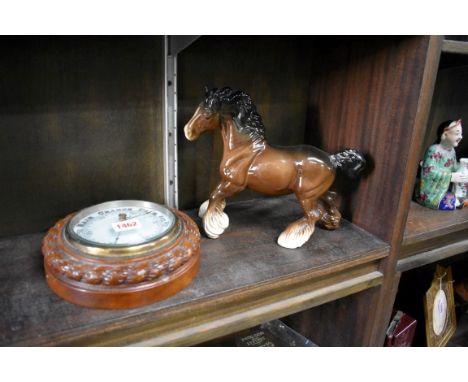 An oak ropetwist aneroid barometer;&nbsp;together with a Beswick Shire horse.&nbsp; 