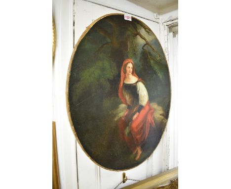 English School,&nbsp;full length portrait of a lady wearing a red cloak, oil on canvas, 59.5 x 45cm oval, unframed.&nbsp; 