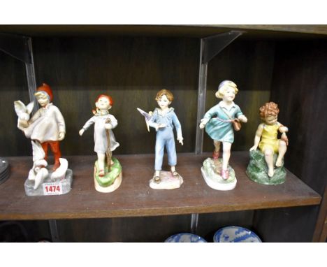 Five Royal Worcester figures,&nbsp;comprising: 'November' (chip to wing); 'Tuesday's Child'; 'Parakeet'; 'Thursday's Child'; 