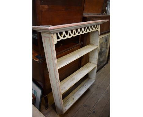 An antique painted hanging open wall shelf,&nbsp;90cm wide. 