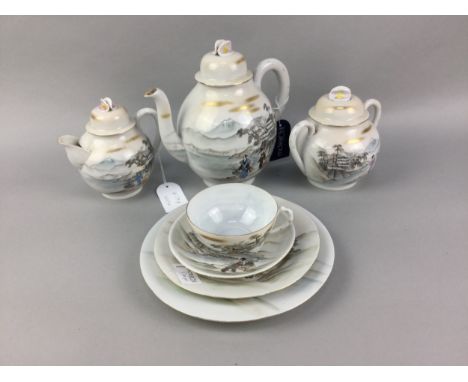 JAPANESE EGGSHELL PART TEA SERVICE, decorated with figures in landscapes, comprising 8 cups, 7 saucers, 10 side plates, 2 cak