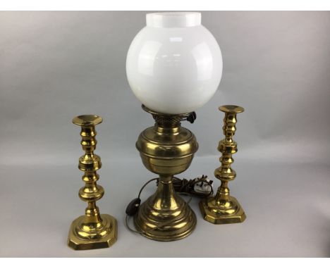 PAIR OF COPPER CAULDRONS, along with a brass kettle, keys, a pair of candlesticks, oil lamp, scales and weights, also a pair 