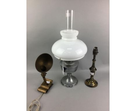 ALADDIN PARAFFIN LAMP, with opaque glass shade and chimney, along with a candlestick lamp and a clip on lamp (3)