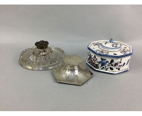 SILVER HEXAGONAL INKSTAND, by Walker &amp; Hall, along with cut glass and ceramic inkwells