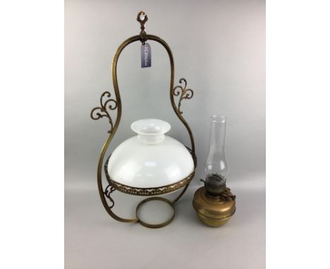 VICTORIAN BRASS HANGING OIL LAMP, with detachable reservoir, opaque glass shade and chimney