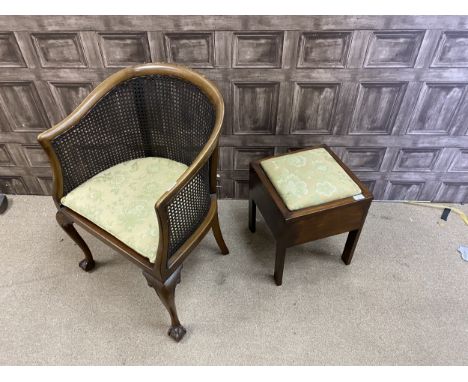 CANE BACK TUB CHAIR, along with a sewing table with padded seat (2)