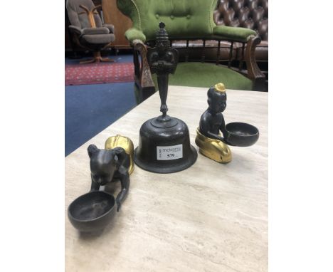 EASTERN BRASS BELL, along with a pair of tea light holders