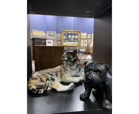 RUSSIAN CERAMIC FIGURE OF A TIGER, along with two figures of dogs, a wood musical robot and a clan crest (5)