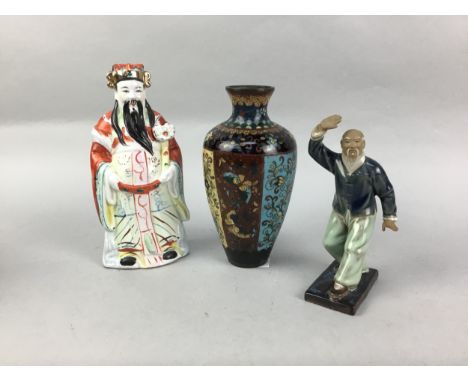 CLOISONNE ENAMEL VASE, 18.5cm high, along with two Asian figures and a pair of twin handled vases