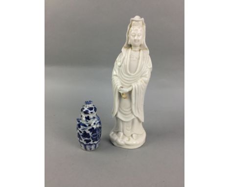 CHINESE CERAMIC FIGURE OF A DEITY, along with a lidded jar, a sugar caster, a plate, cup and saucer and four shot glasses