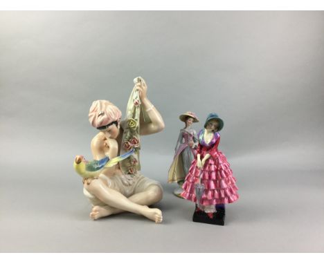 ROYAL DOULTON FIGURE OF 'PRISCILLA', HN 1340, 23cm high, along with two other ceramic figures of females, one seated holding 