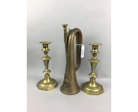 ROYAL WELSH FUSILIERS BRASS BUGLE, along with a pair of candlesticks and other brassware